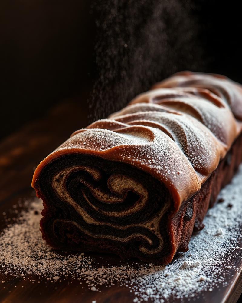 Chocolate babka with visible swirls dusted with sugar